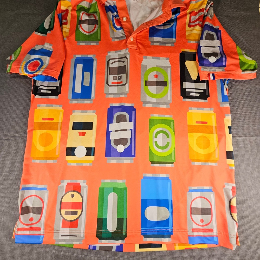 USAG abstract Beer Can Print Polo Shirt Men's Short Sleeve Orange‎ Golf Large